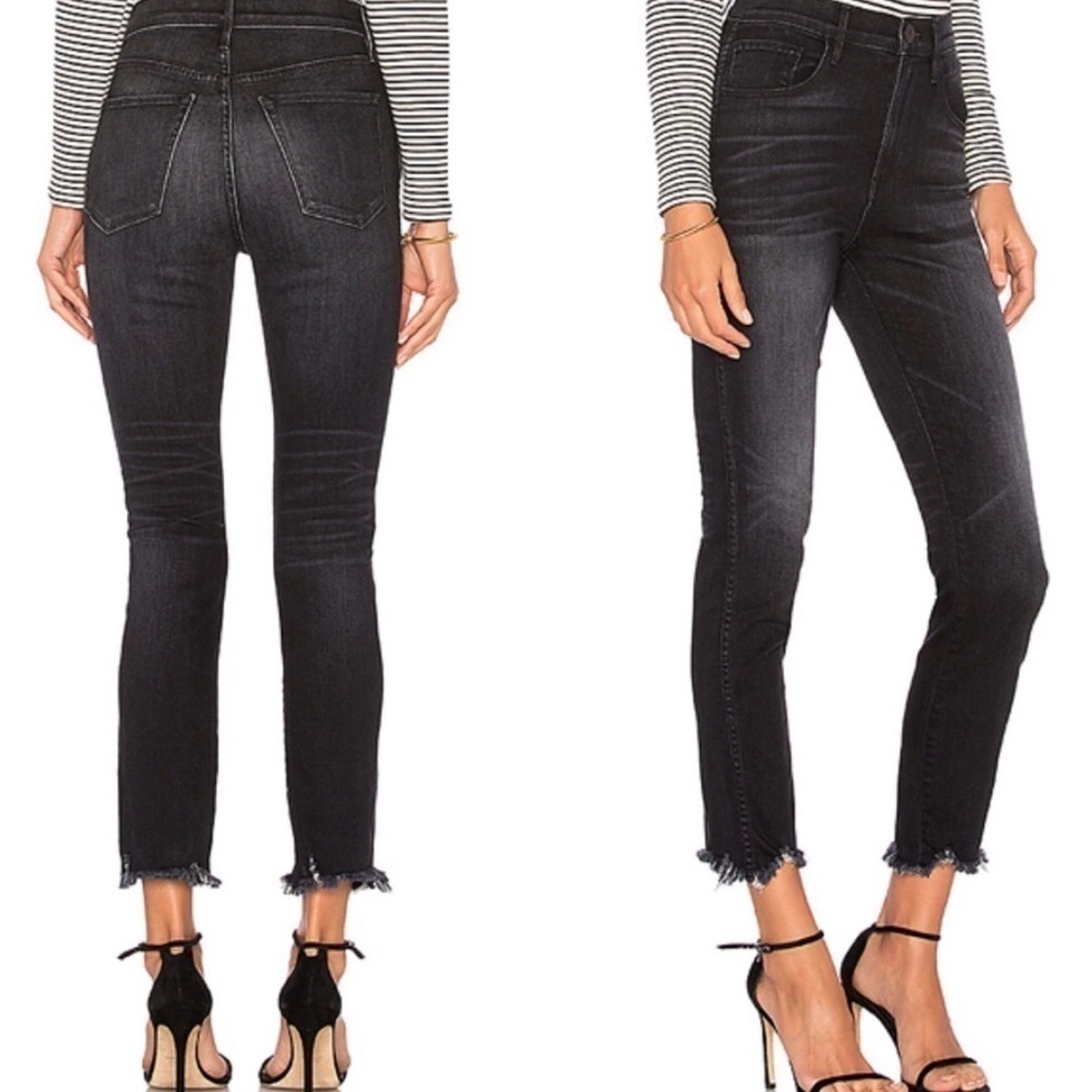 3x1 Authentic Straight Cropped Fray Raw Hem Jeans in Shake Black Cotton Stretch